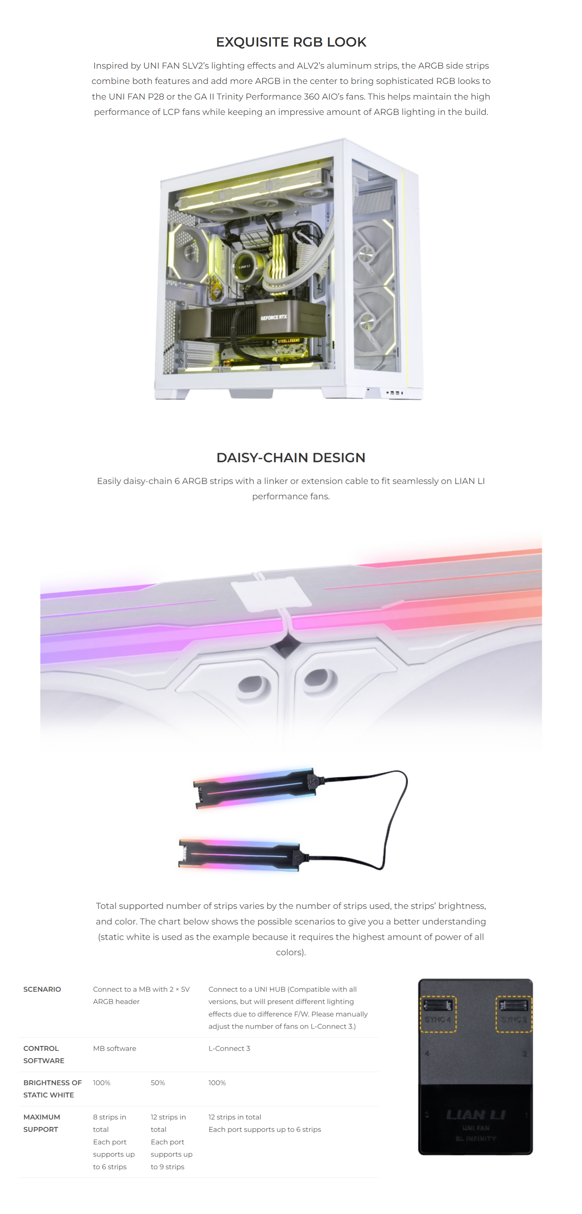 A large marketing image providing additional information about the product Lian Li Side Diffused ARGB Strip 3-Pack - White - Additional alt info not provided